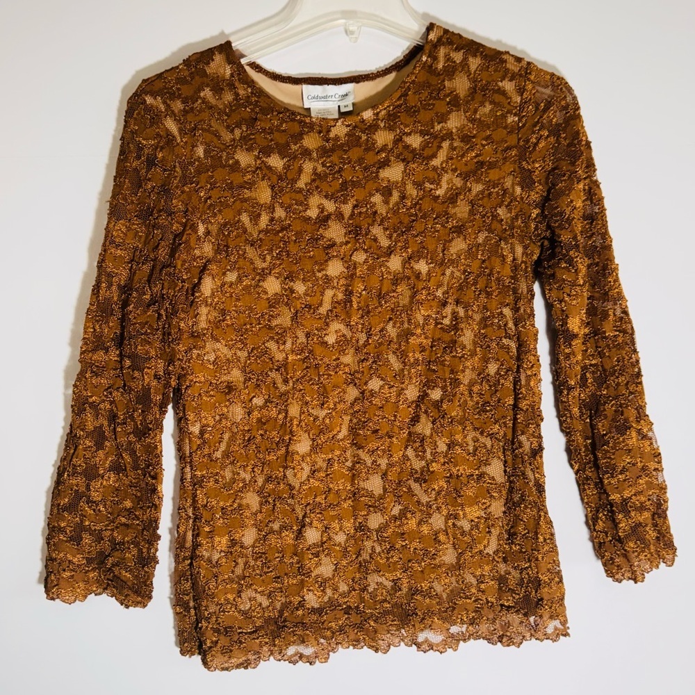 Coldwater Creek Rustic Brown Lace Long Sleeve Top - Picture 1 of 3